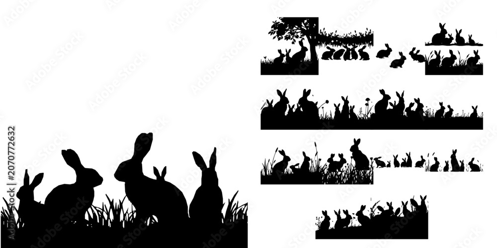 Obraz premium Group of Rabbits in a Meadow Silhouette