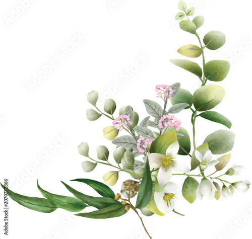 Watercolor eucalyptus branch and white jasmine flowers bouquet, botanical greenery arrangement isolated