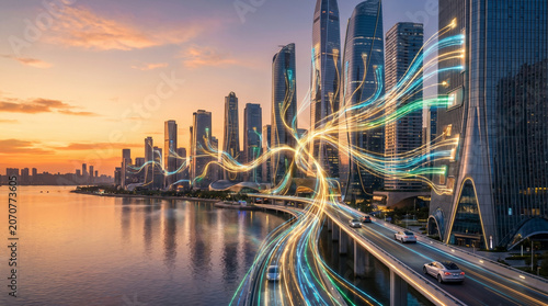 Dynamic city skyline at dusk, illuminated by glowing data streams and light trails, symbolizing advanced technology, rapid connectivity, and a vibrant smart urban future