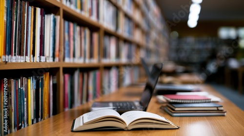 Obraz w ramie Open book and laptop on library table