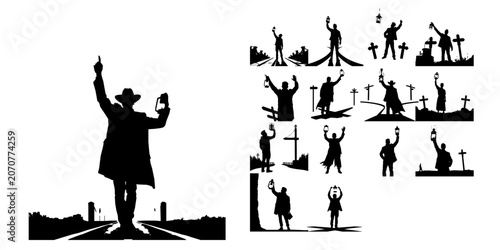 фотографія Man Holding Up A Lantern At A Crossroads Silhouette