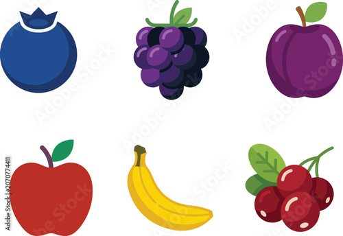 Flat fruit icon set with blueberry, plum, apple and banana vector illustration
