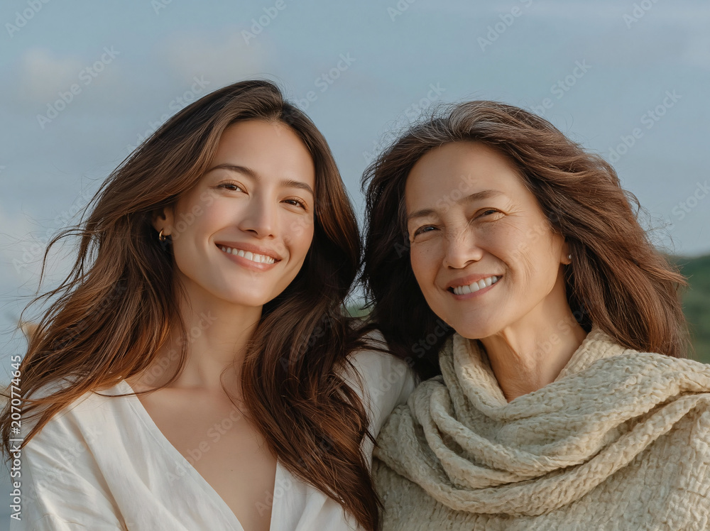 Fototapeta premium Two women, a mature mother and her adult daughter, pose closely side by side seaside under pale blue sky, both smiling warmly in coordinated neutral knit outfits with delicate gold necklaces and hoop 