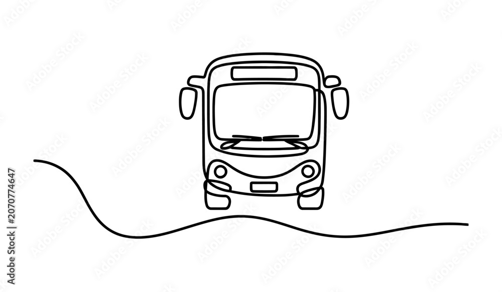 Obraz premium One line continuous drawing of a bus front view for modern public transportation.