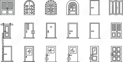 Bild auf Leinwand Doors types line icons set with modern double interior entrance arch gate foldin