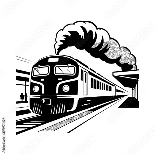 Old steam train arriving at railway station platform with smoke in retro graphic.