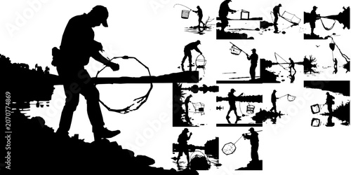 Tableau sur toile Man Pulling A Fish Trap From The River Silhouette