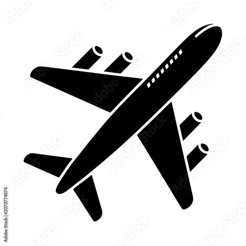 Commercial passenger airplane isolated black icon on transparent studio background.