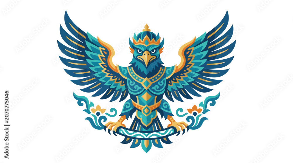 Fototapeta premium Blue and teal Garuda mythical bird illustration emblem.