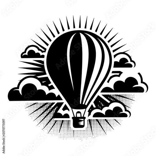 Vector hot air balloon with sun and clouds retro style on transparent background.