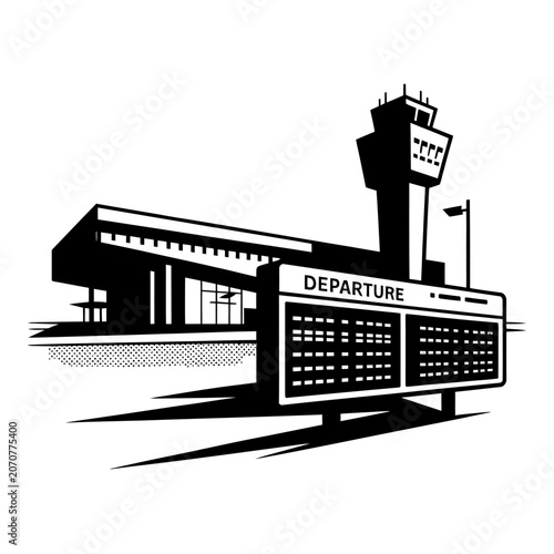 Airport terminal building with control tower and departures board sign illustration.