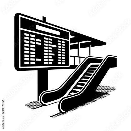 Escalator stairs at train station with departures board sign for public transport.