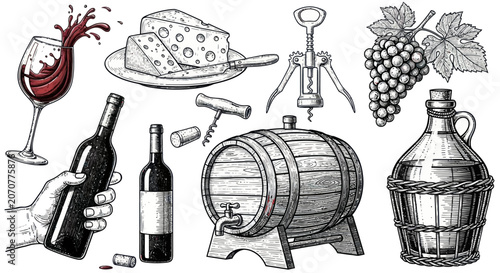 A hand holds a wine bottle beside a glass and cheese plate with grapes and wine barrel.