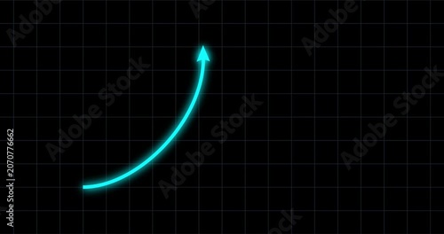 Chart arrow bow shape goes up and down blue glow on black grid. Graph rising fast. Business cartoon animation. Economy metaphor. Speed up and slow down graph from low to high acceleration.