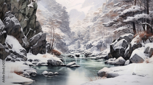 Winter Forest Valley in a Quiet Snowy Landscape
