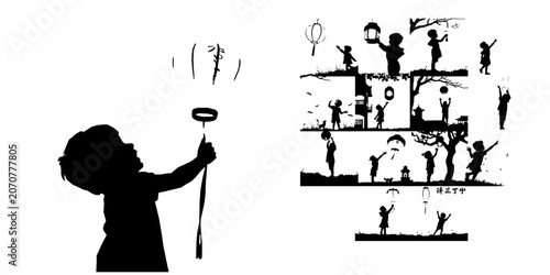 Tableau sur toile Child Releasing a Paper Lantern Silhouette