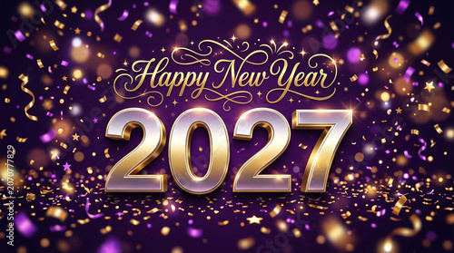 Happy New Year 2027 celebration with gold confetti and purple background.