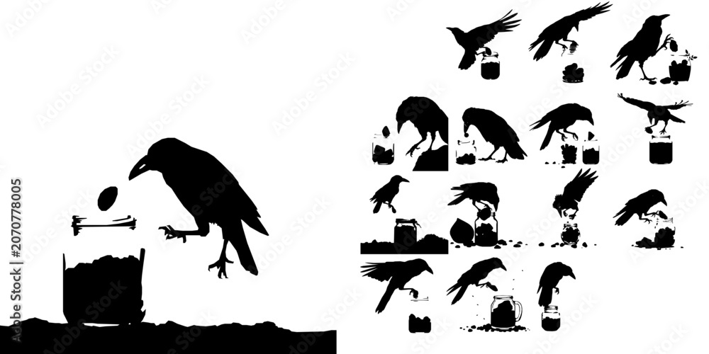 Obraz premium Crow Dropping a Stone into a Jar Silhouette
