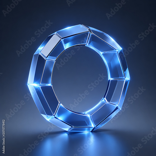 Abstract Geometric Faceted Ring Shape with Glowing Blue Light on Reflective Surface in Dark Studio