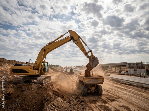 Heavy machinery excavating soil on large highway project, low-angle view, clouds and dust, representing construction, engineering, and industrial progress. no logo
