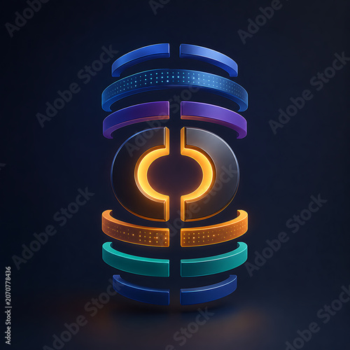 Futuristic Cylindrical Structure with Glowing Core - Abstract Digital Render of Layered Technology & Innovation in Vibrant Blue, Orange, and Purple Hues