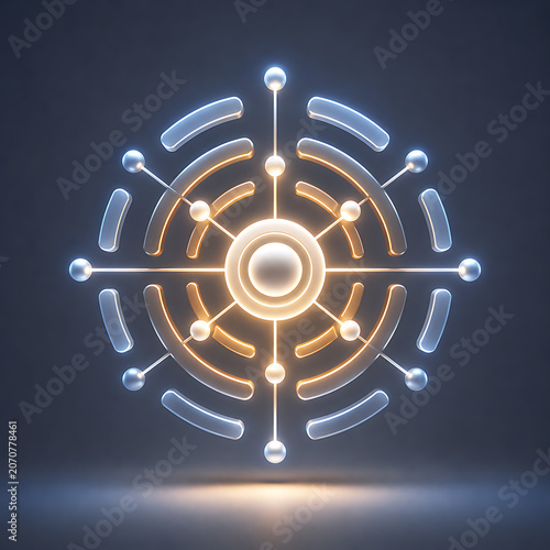 Abstract Digital Network Symbol: Glowing Futuristic Core with Radiating Connectivity on Dark Background