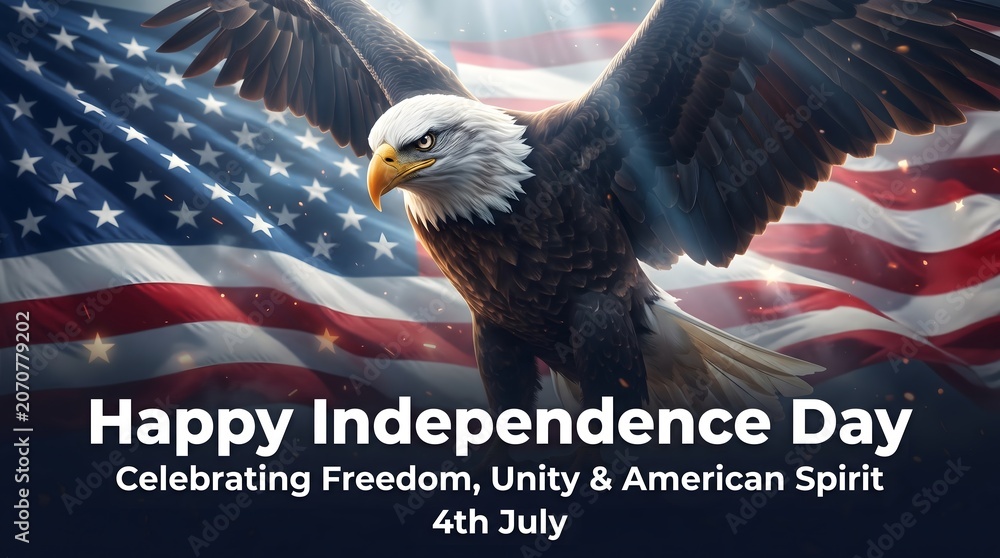 Naklejka premium Majestic bald eagle soaring before american flag for independence day celebration