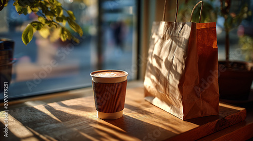 Disposable paper cup of hot coffee on a wooden table with takeaway bag, takeaway