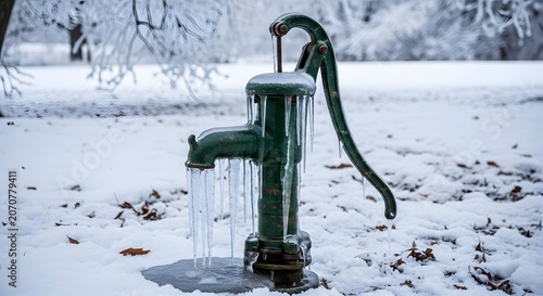 Vintage water pump covered in ice during winter with snow and frost on branches