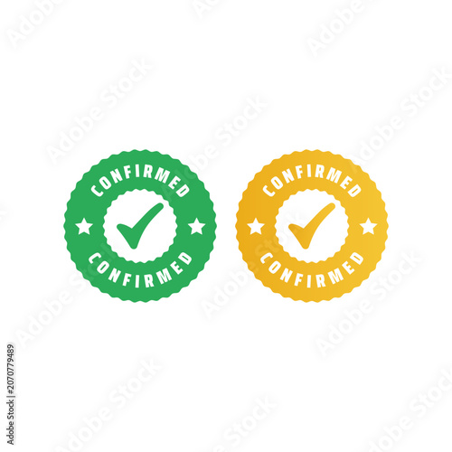Two round badge icons with the word Confirmed and a check mark symbol in green and yellow colors. Perfect for verification and approval designs.

