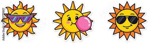 Cute Cartoon Sun Character Sticker Collection Featuring Sunglasses Retro Tech Eyewear and Blowing Pink Bubblegum Isolated on White Background Vector Illustration