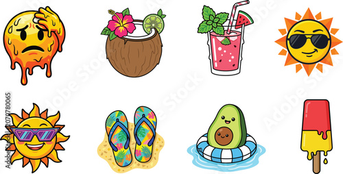 Cute Summer Vector Sticker Pack Featuring Melting Heat Emoji Sunglasses Sun Character Tropical Coconut Drink Slice Watermelon Popsicle Ice Cream and Sandals on Sandy Beach Background