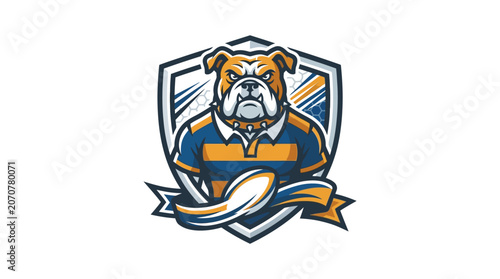 Bulldog mascot logo in rugby jersey shield.