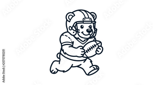 Cartoon bear mascot running with American football helmet.