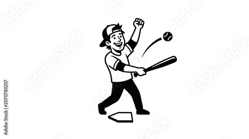 Cartoon boy baseball player hitting ball vector illustration.