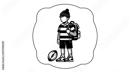 Cartoon boy student with rugby ball and backpack.