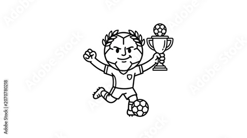 Cartoon soccer player character holding trophy.
