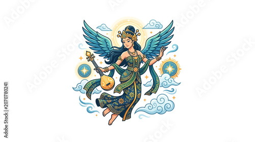Celestial angel goddess with musical instrument lute.
