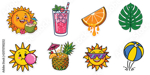 Kawaii Summer Vector Sticker Set with Happy Cartoon Sun Character Drinking Coconut Water Pineapple Cocktail Fresh Orange Slice Monstera Leaf Pink Lemonade and Beach Ball