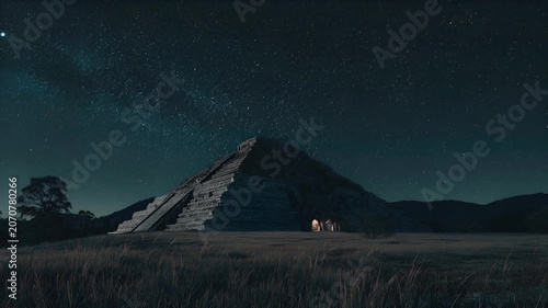 Maya Aztec civilization, Mexico culture. Mysterious, fantasy. A nighttime landscape photograph depicts a pyramidshaped structure, likely a temple or historical site, set against a starry sky.