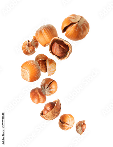 Crushed and whole hazelnuts close-up hovered in white space