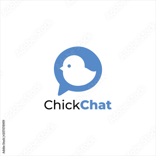 Cute blue chick chat logo with speech bubble concept, suitable for messenger apps, social media, communication, chatbot, or community brands.