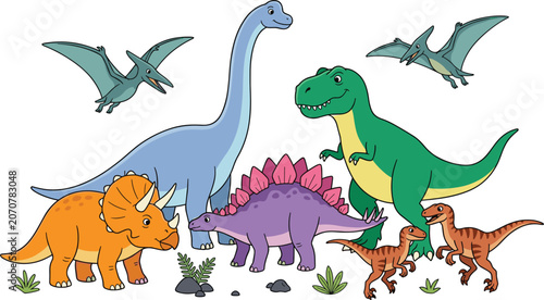 Cute Dinosaur Collection Vector Illustration Featuring Tyrannosaurus Triceratops Stegosaurus Brachiosaurus Velociraptors and Flying Pterosaurs Cartoon Set