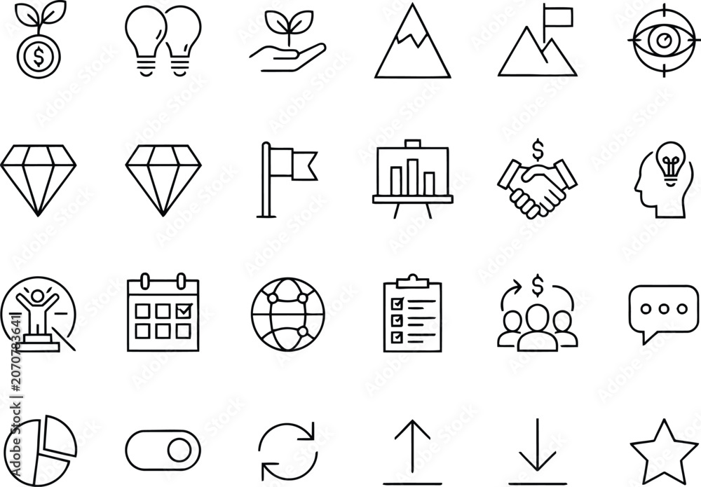 Fototapeta premium Business Growth and Startup Strategy Outline Icon Set — Investment, Target and Profit Symbols