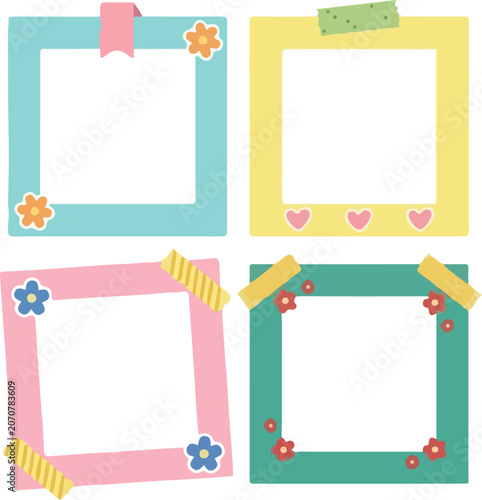 Cute Polaroid Photo Frame Vector Set, Pastel Scrapbook Frame Template with Washi Tape