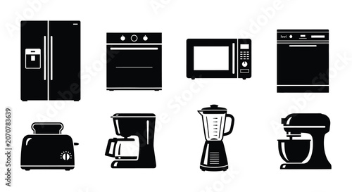 Kitchen Appliance Silhouettes Black Vector Graphics On White Background