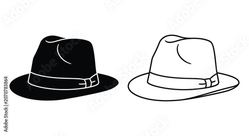 Fedora hats black and white line art illustration on white background