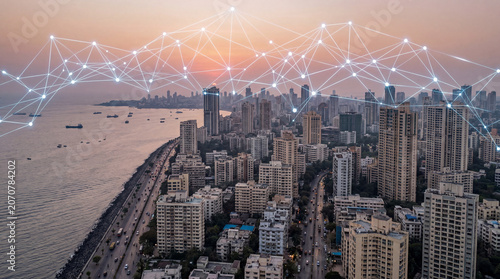 Aerial View of Mumbai Coastal City Skyline and Arabian Sea at Sunset with White Digital Polygon Network Overlay