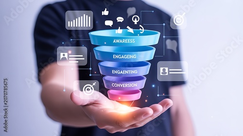 Person holding a digital marketing funnel with icons of digital marketing elements for the Concept of converting sales process prospects into customers.