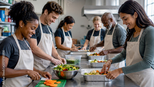 Youth volunteers preparing meals together in community kitchen